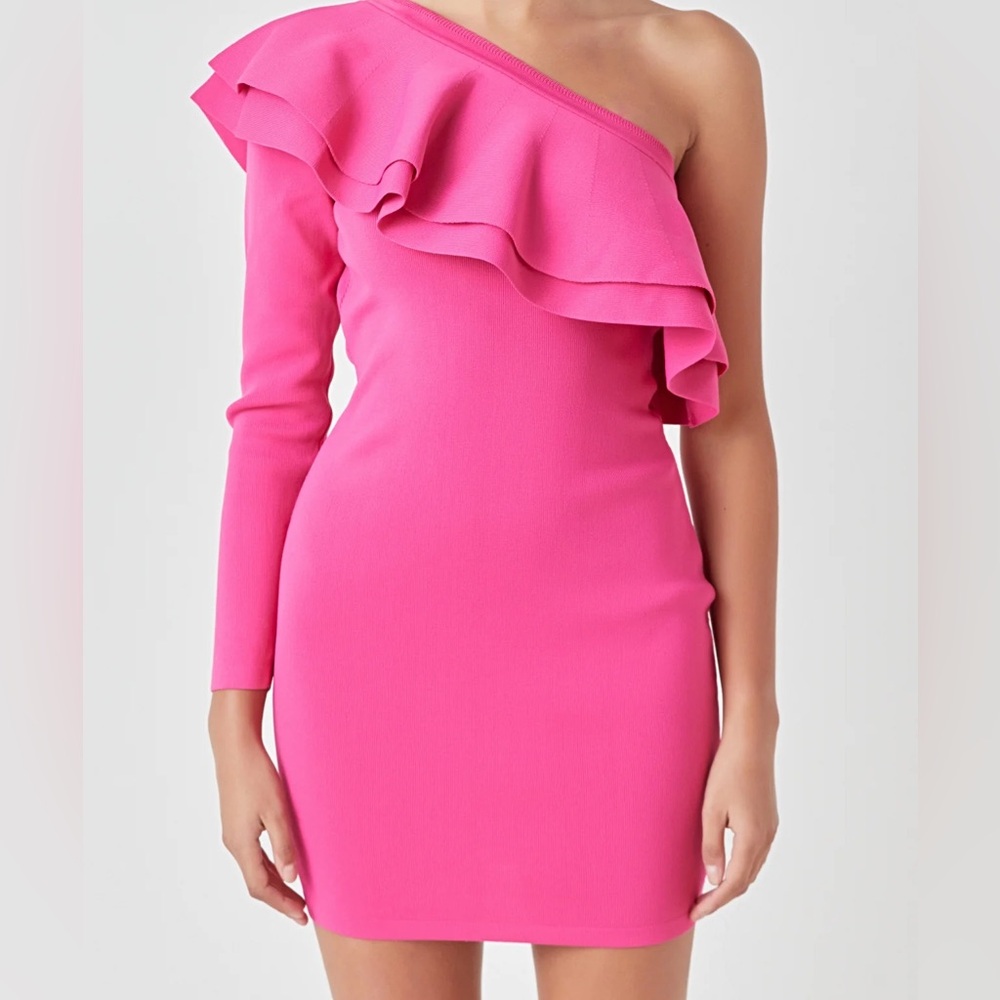 Endless Rose Women’s Pink 1 Shoulder Ruffled Mini Bodycon Dress Size Small
